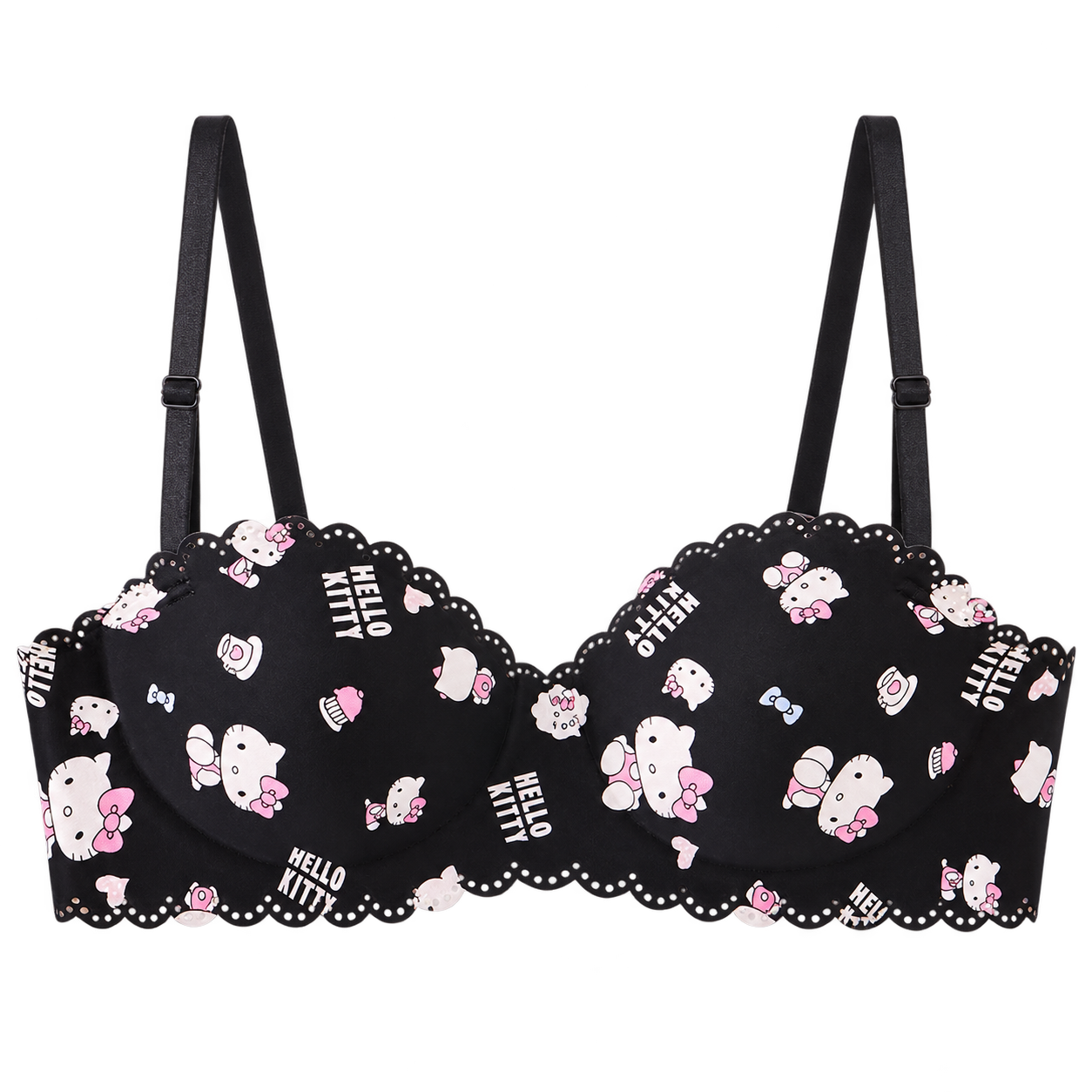 Black Kitty-print bra with adjustable shoulder straps, shaped cups and scalloped edges with small decorative cut-outs.