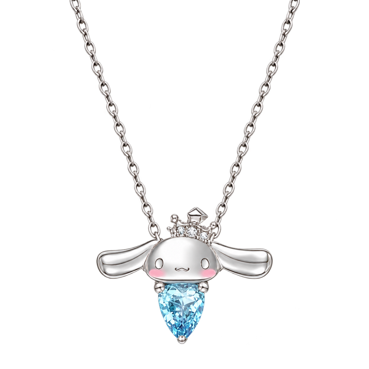 A silver-coloured long-eared pup pendant with pink cheeks, a small crown and a light-blue teardrop-shaped decorative stone, on a fine chain.