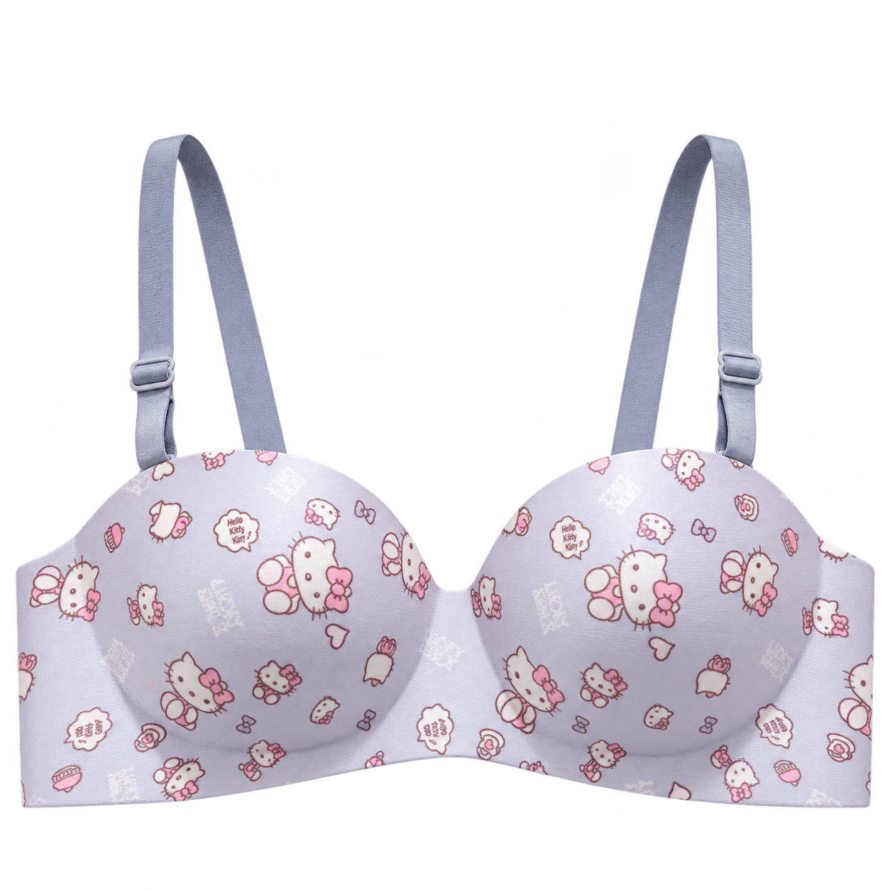 Blue-gray Kitty-print bra with adjustable shoulder straps, shaped cups and smooth edges.
