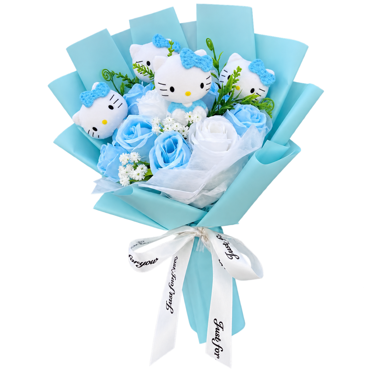 Kitty figures with blue bows among blue and white rose decorations, in blue wrapping with a white printed ribbon.