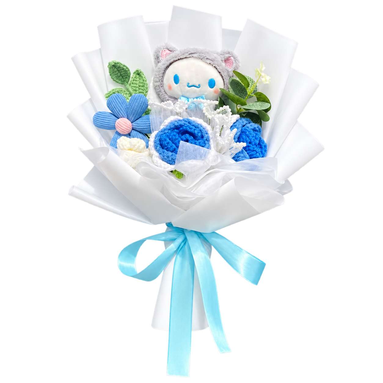 A blue-faced pup figure in a gray hood among blue and white textured flower decorations, in white wrapping with a blue ribbon.