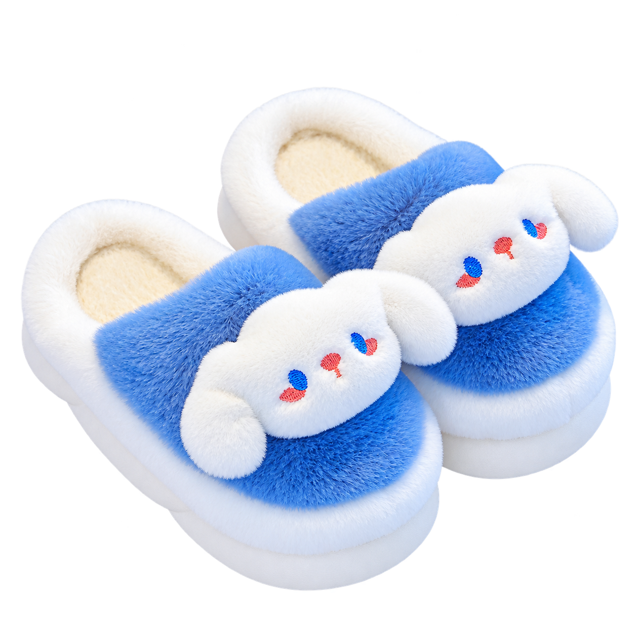 Pair of blue and white fluffy slippers with long-eared white pup faces, blue embroidered eyes, pink cheeks and cream heel collars