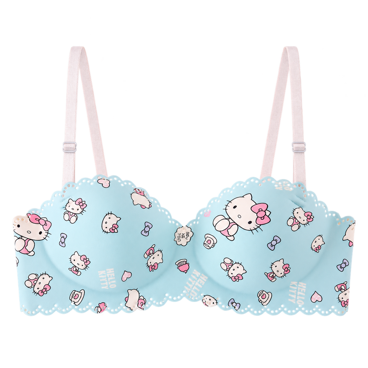 Pale blue Kitty-print bra with adjustable shoulder straps, shaped cups and scalloped edges with small decorative cut-outs.