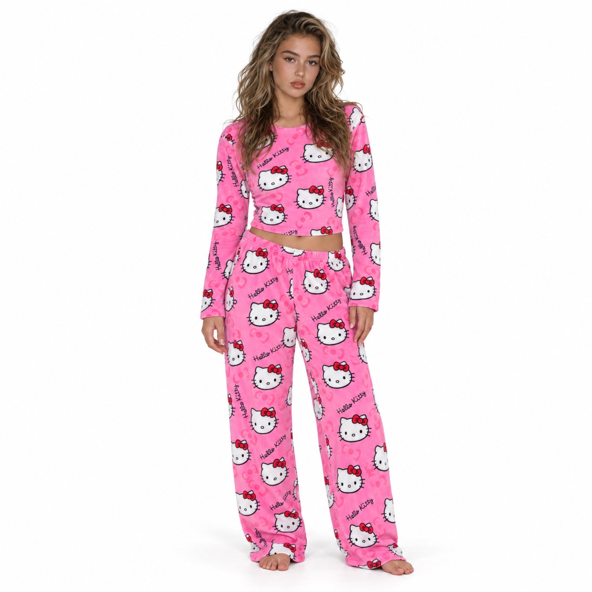 Model wearing the light pink Blush Hour Kitty Pyjama Set