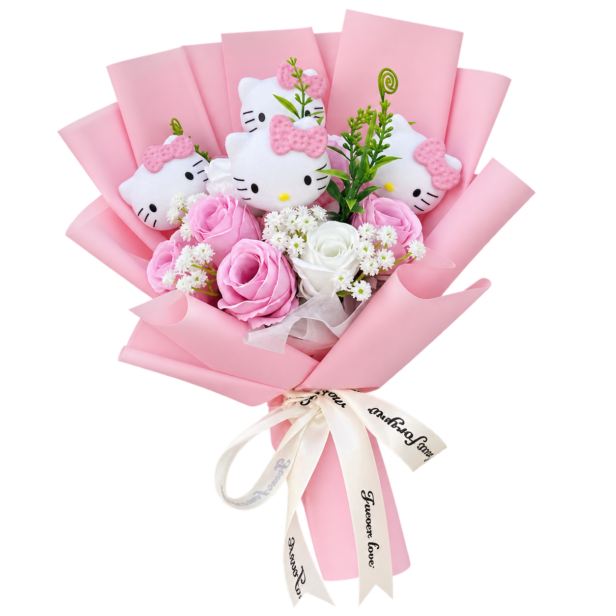 Kitty figures with pink bows among blush pink and white rose decorations and small white blossoms, in pink wrapping with a white printed ribbon.