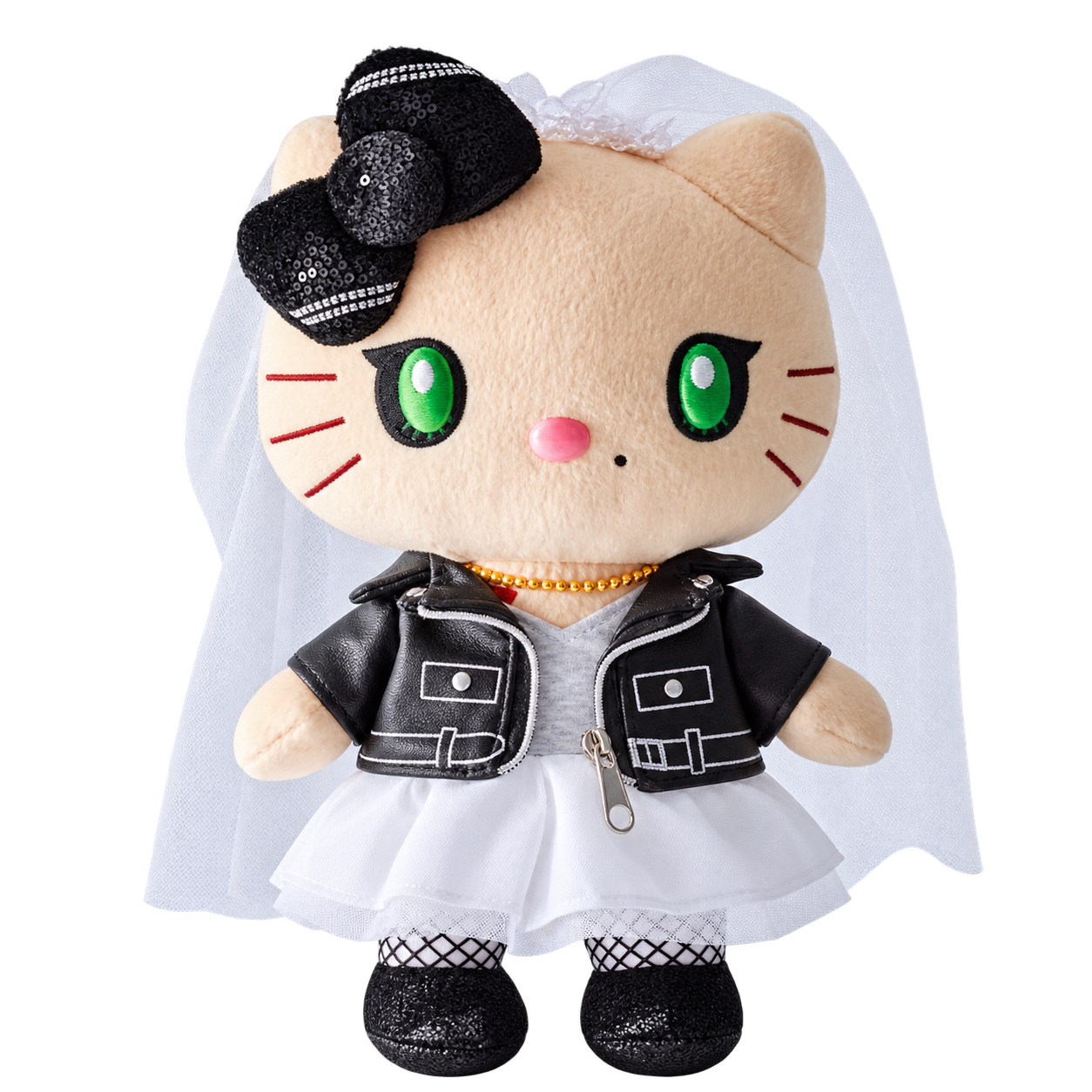 Kitty plush with green eyes, a black bow and white bridal veil, wearing a black jacket with white trim, a gray top, white skirt, patterned stockings and black shoes.