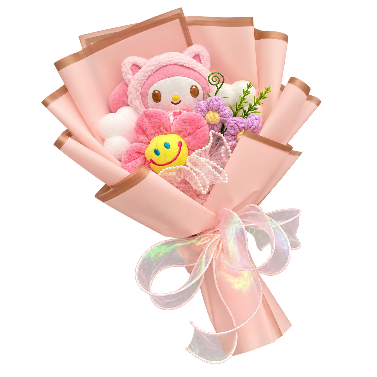 A pink-hooded bunny figure with a smiling pink flower and purple flower decorations, in blush wrapping with an iridescent ribbon.