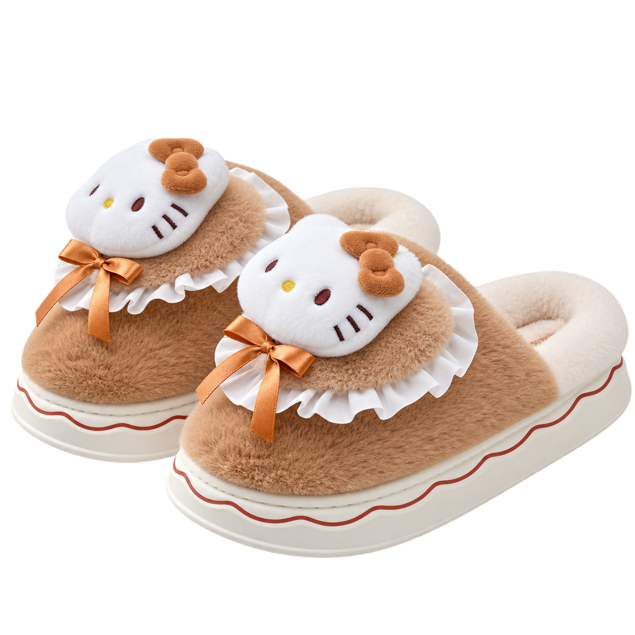 Pair of caramel fuzzy slippers with white plush Kitty faces, brown bows, cream ruffle trim and caramel ribbon bows