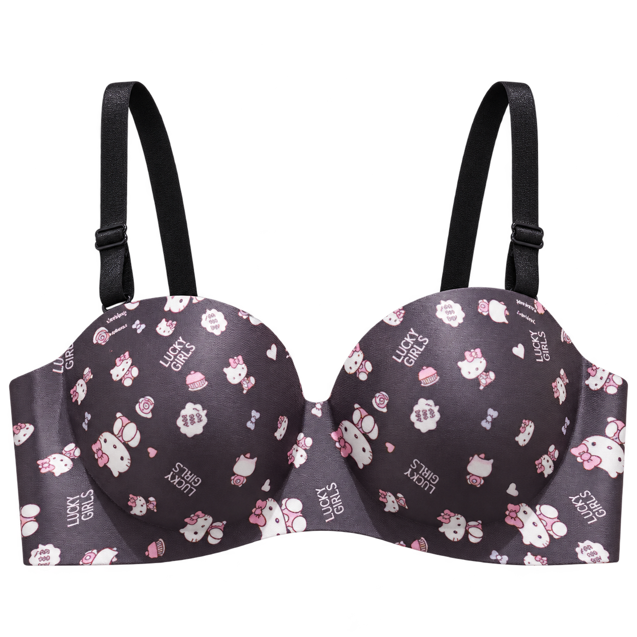 Charcoal Kitty-print bra with adjustable shoulder straps, shaped cups and smooth edges.