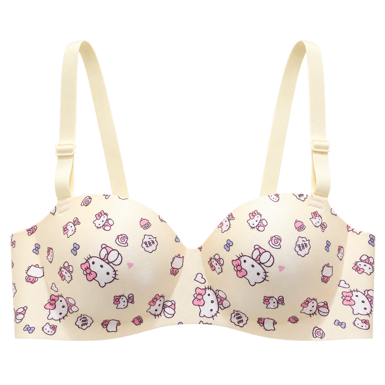 Cream Kitty-print bra with adjustable shoulder straps, shaped cups and smooth edges.