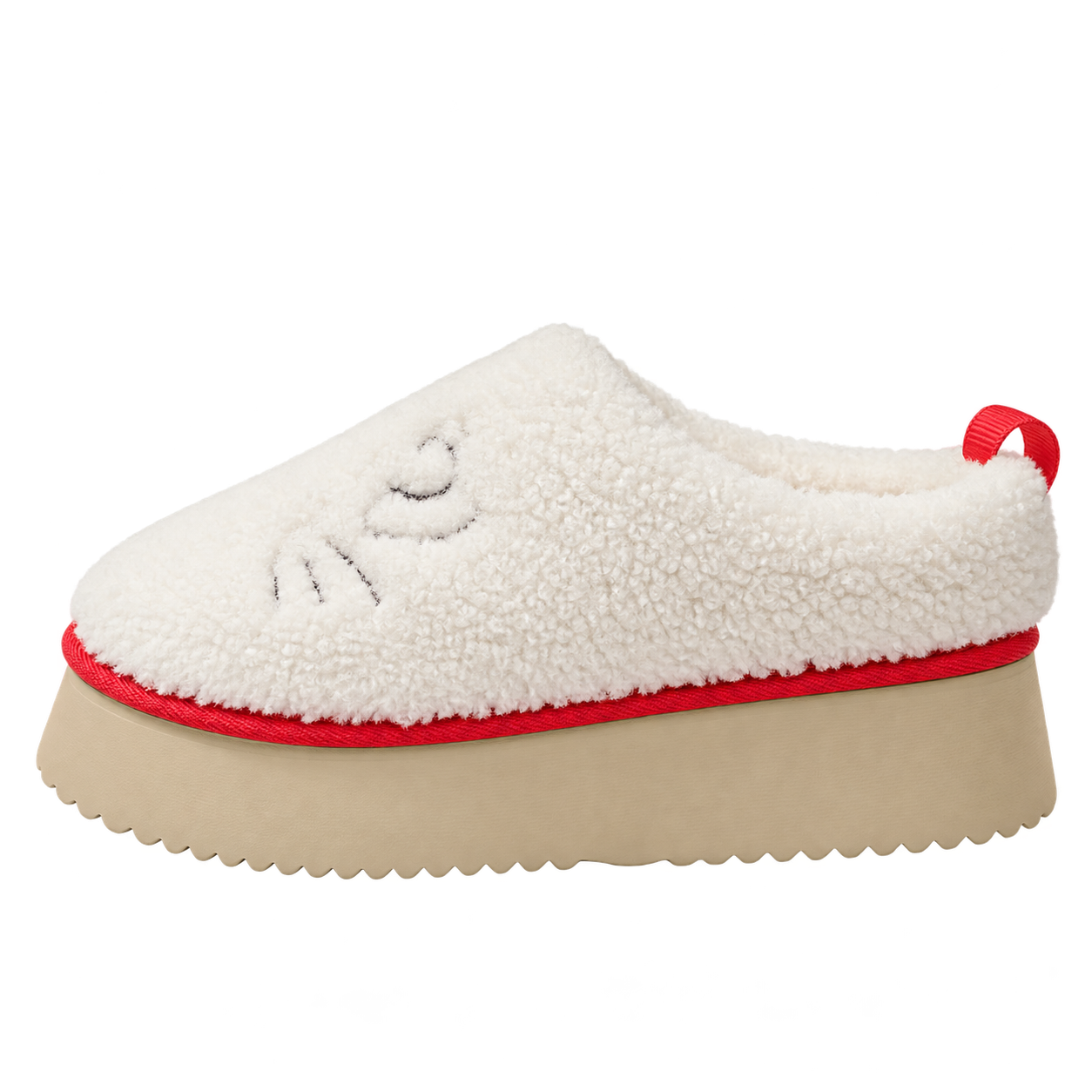 Cream textured closed-toe slipper in side view with red trim, rear red loop and a sand-coloured platform sole