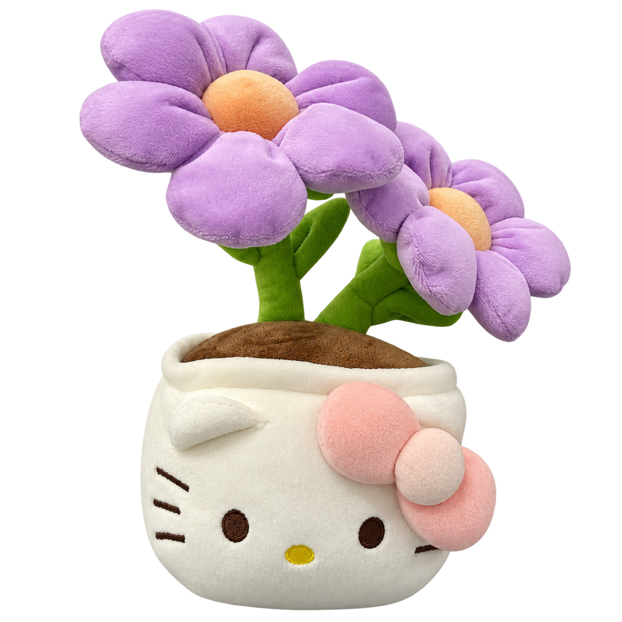 A cream Kitty-face flower-pot plush with a pale-pink bow and two purple plush flowers, peach-coloured centers and green stems and leaves. This is the pictured plush flower design, not a live plant.