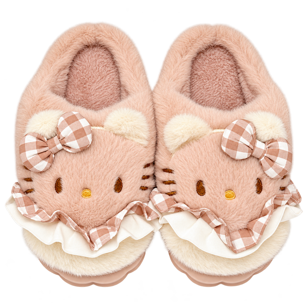 Pair of blush-tan fluffy Kitty slippers with cream ears, tan-and-white checked bows and layered gingham and cream ruffle trim