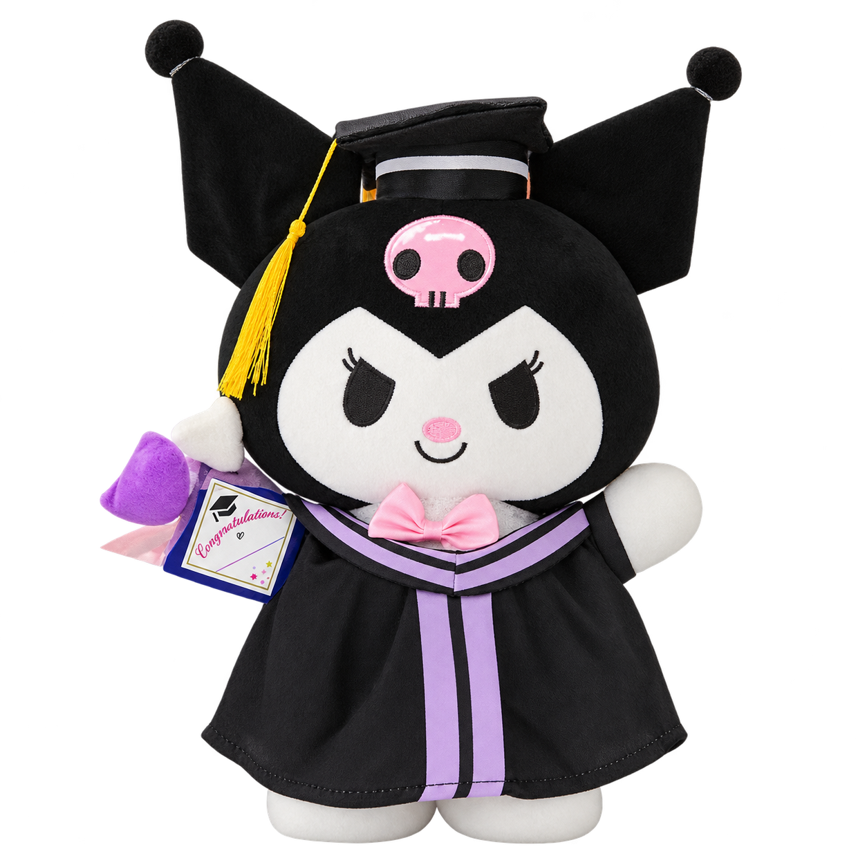 Black-hooded jester plush with a pink skull detail, pointed ears, a graduation cap and yellow tassel, a black gown with lavender trim, a pink bow tie and a blue-bordered card.