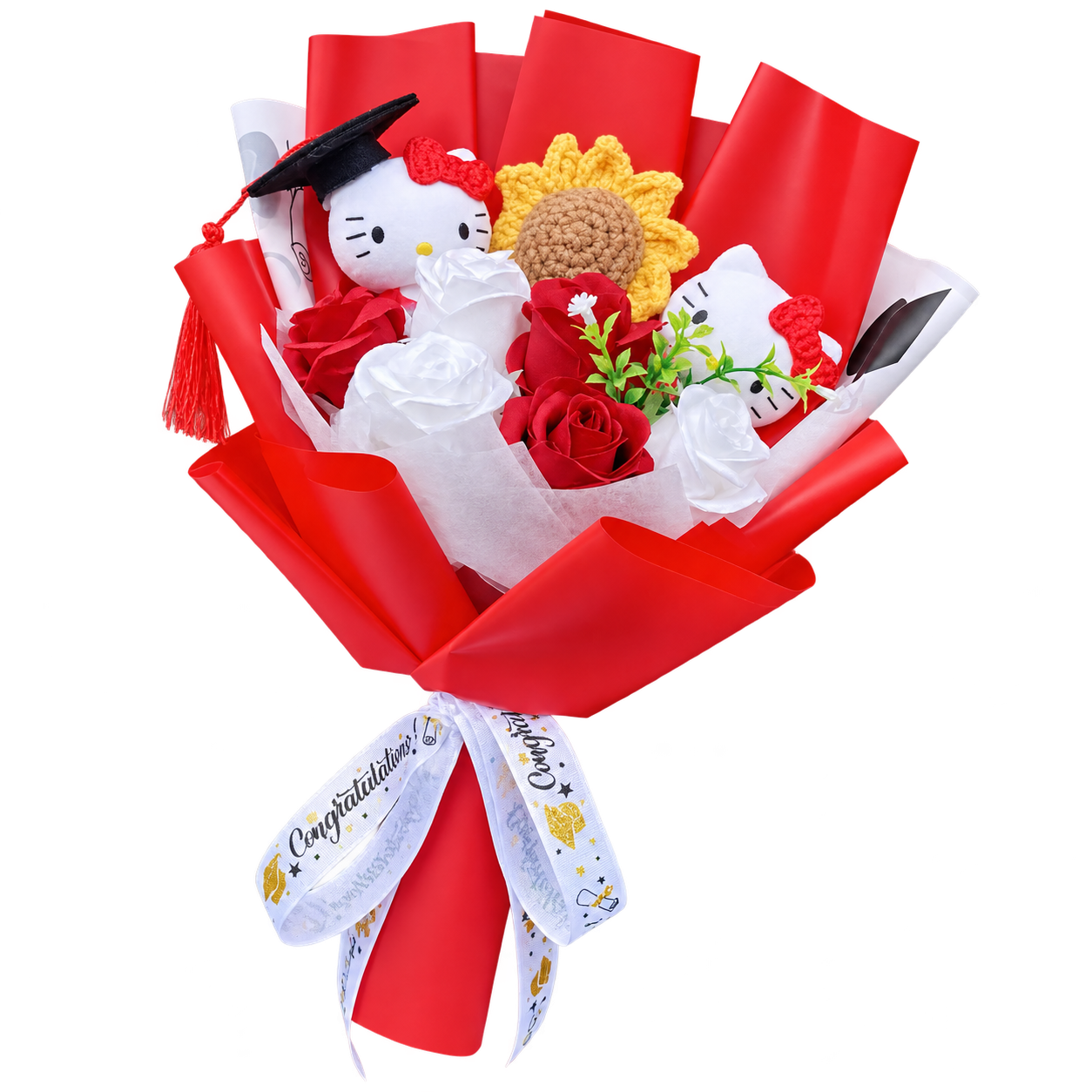 Kitty figures with red bows, a black graduation cap detail, a textured sunflower and red-and-white rose decorations, in red wrapping with a graduation-themed white ribbon.