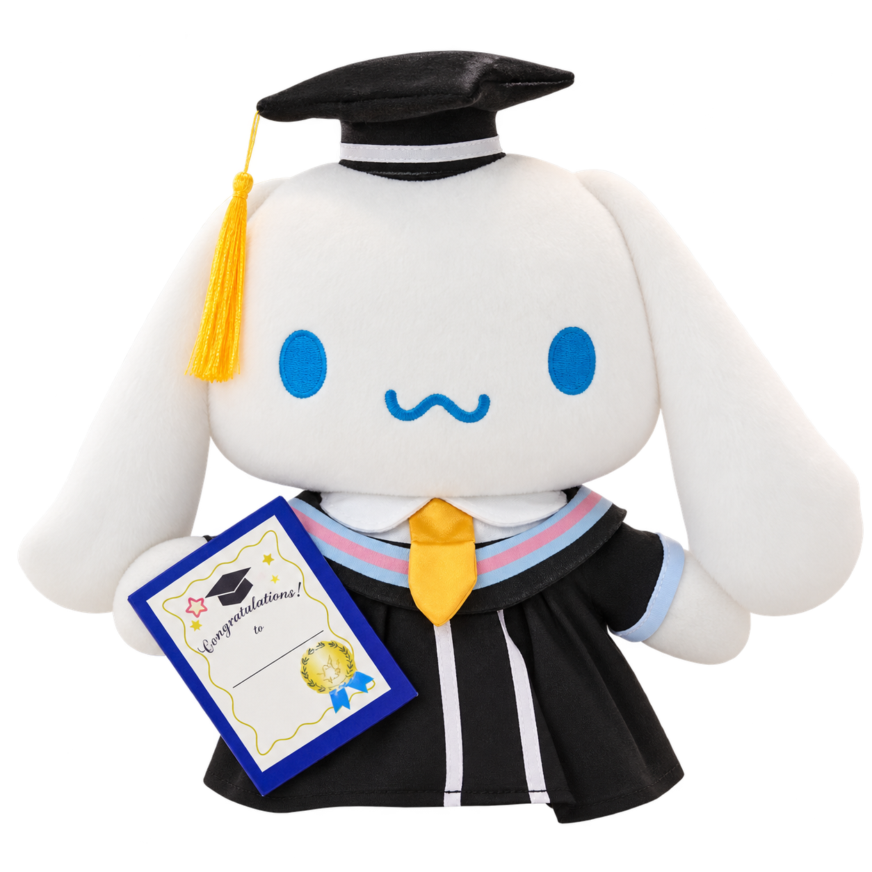 White long-eared pup plush with blue embroidered eyes and mouth, a black graduation cap with yellow tassel, a black gown with pastel trim and yellow tie, and a blue-bordered card.
