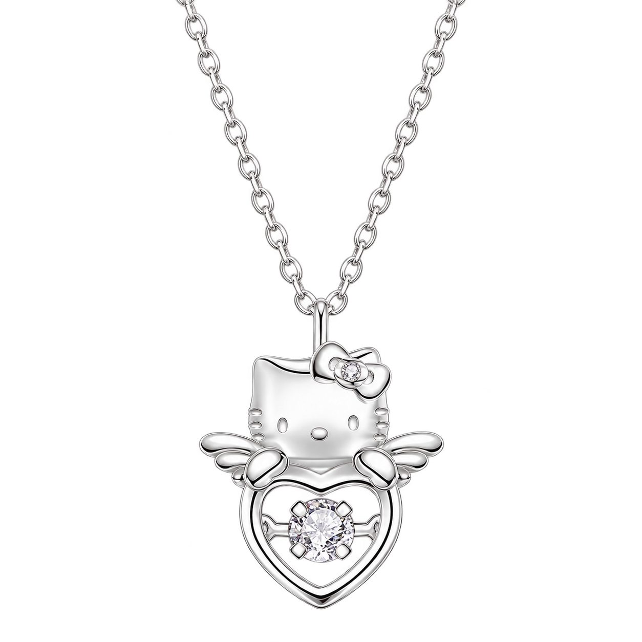 A silver-coloured Kitty pendant with a bow, small wing details and an outlined heart holding a round clear decorative stone, on a fine chain.