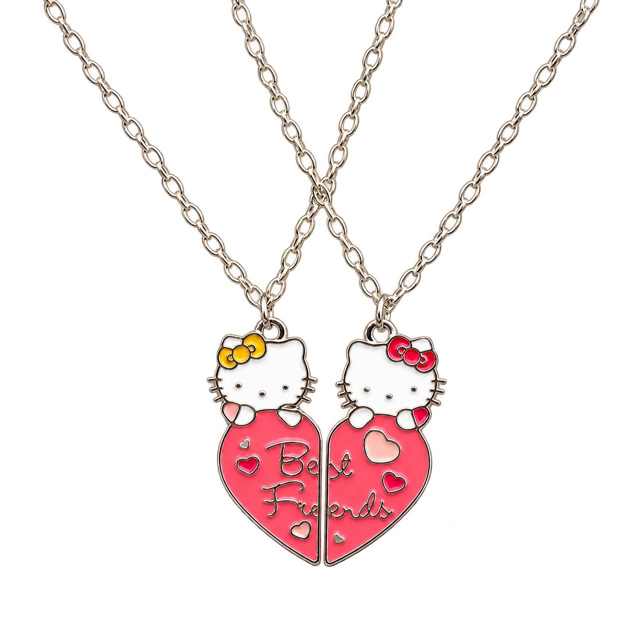 Two Kitty necklace pendants forming a pink split heart with Best Friends lettering, a yellow bow on the left and a red bow on the right, on silver-coloured chains