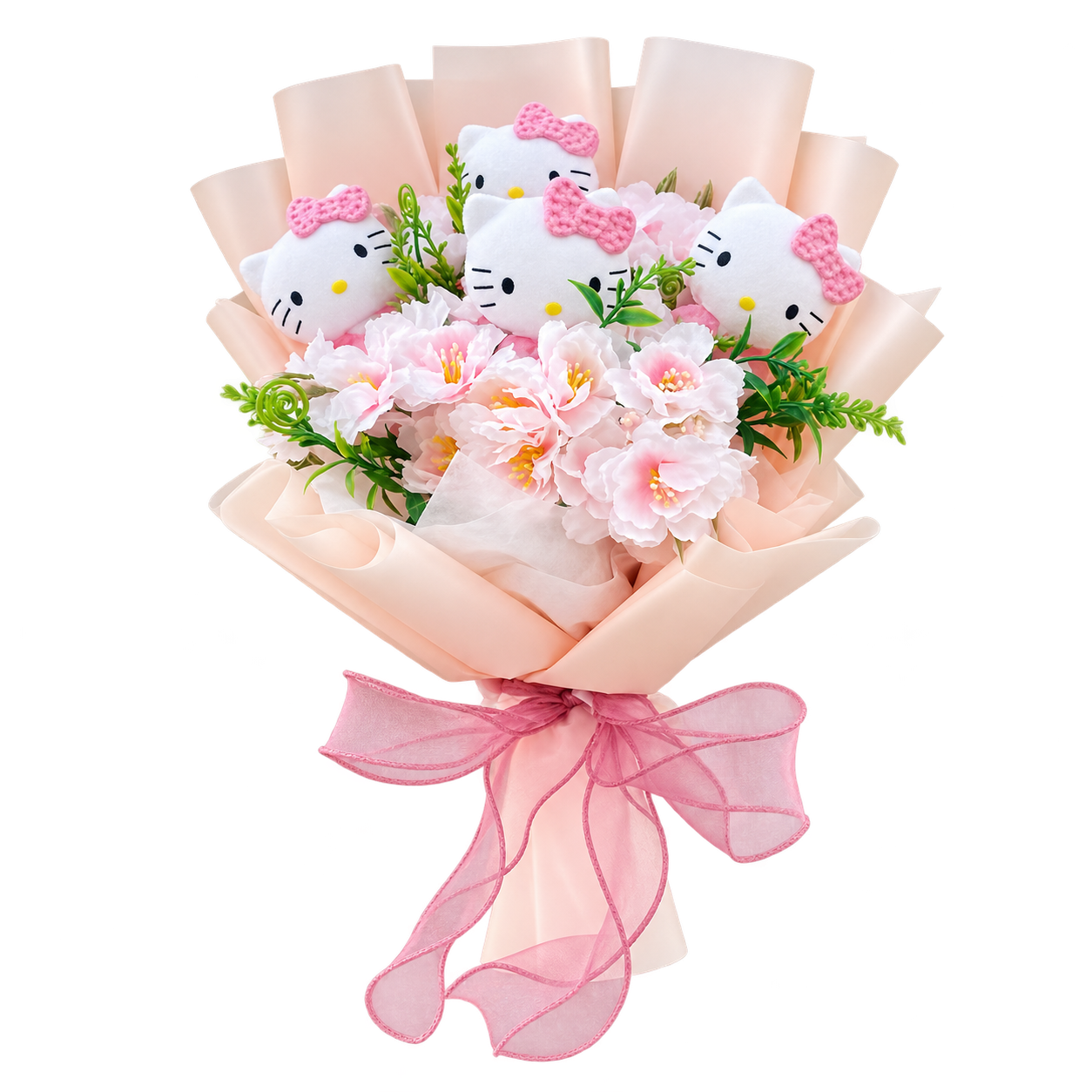 Kitty figures with pink bows among pale pink-and-white blossoms and decorative greenery, in cream wrapping with a pink ribbon.