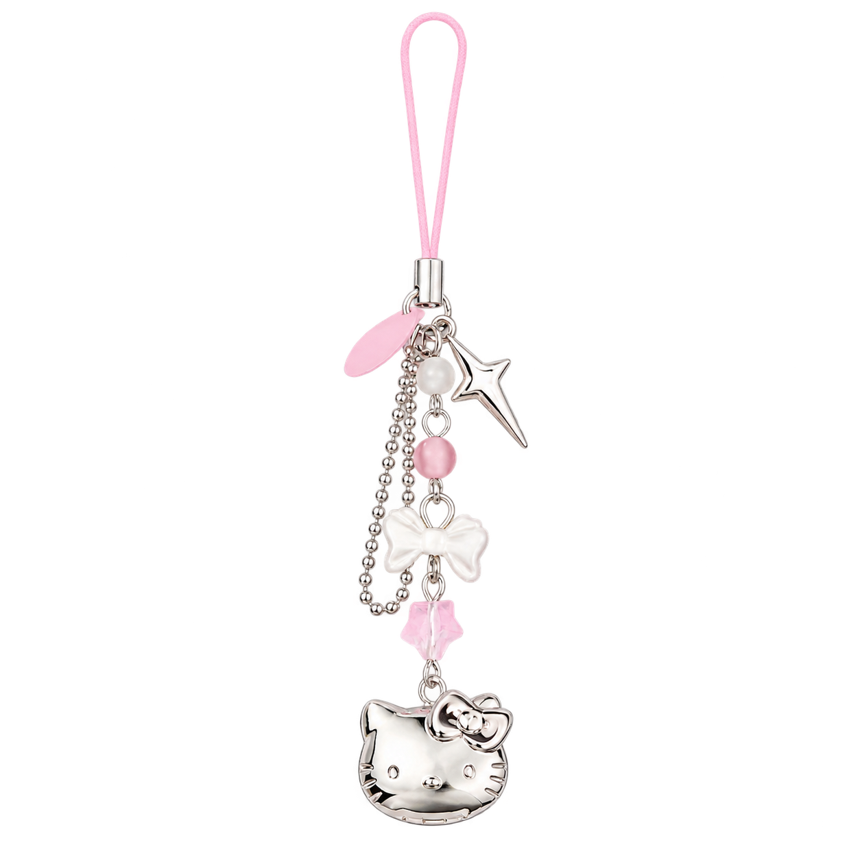 A pink looped phone charm with pink and white beads, a white bow, a silver-coloured star and ball-chain detail, and a shiny Kitty-face charm. Supplied dimensions: 12 cm overall length; Kitty charm 2 cm wide and 1.5 cm high. Supplied weight: 5.9 g.