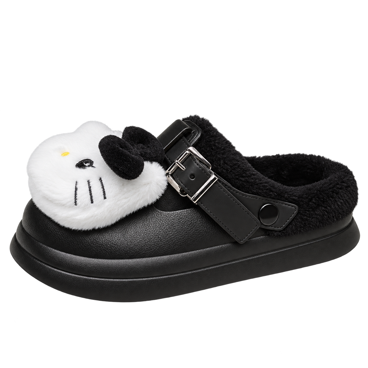 Black buckle clog with black fluffy trim, a white plush Kitty face with black bow and a silver-coloured rectangular buckle