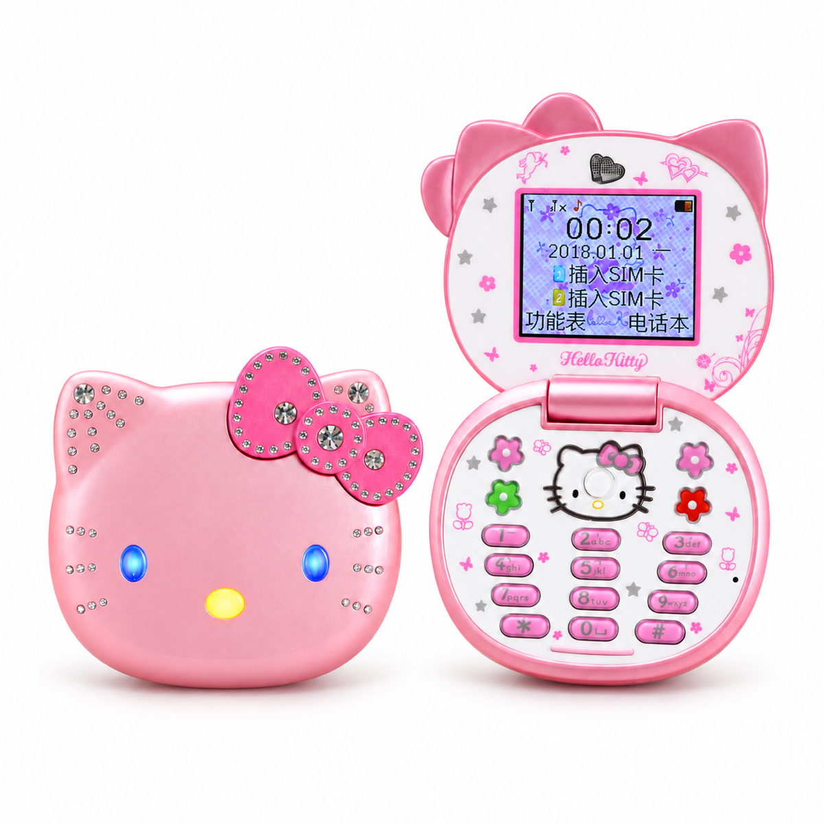 Pink rhinestone kitty flip phone shown closed and open on a white background