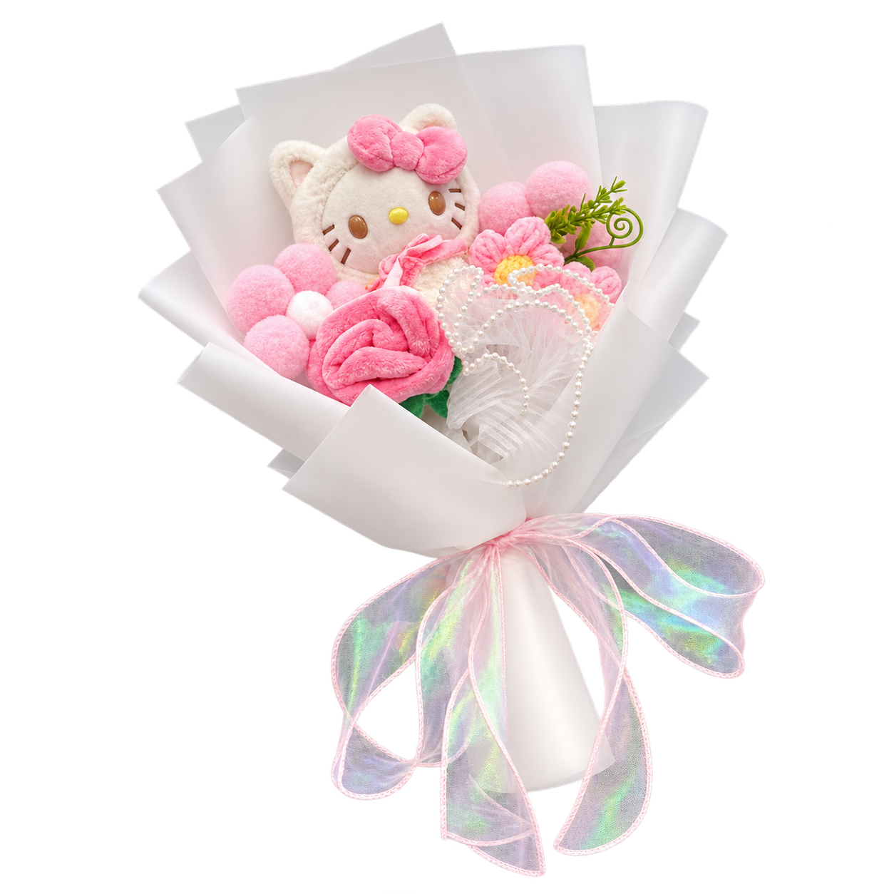 A white Kitty plush with a pink bow among pink and white textured flower decorations, in white wrapping with an iridescent pink ribbon.