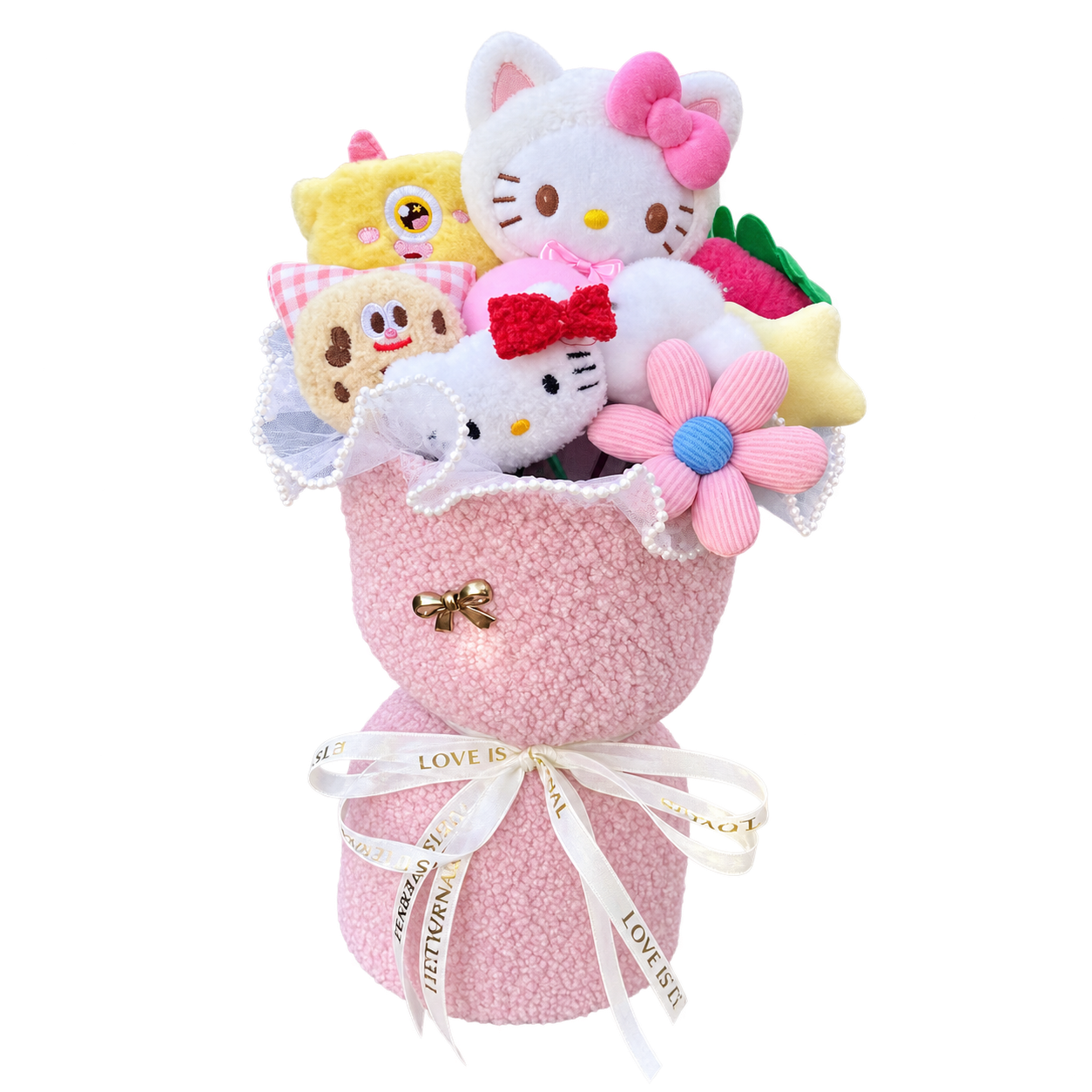 A mixed plush gift arrangement with white Kitty figures, a pink flower, strawberry and star details, in fluffy pink wrapping with a white ribbon.