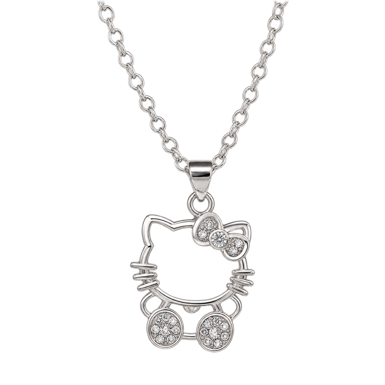 A silver-coloured outline Kitty pendant with an open face, whisker details, a bow with clear decorative stones and two round stone-covered foot pieces, on a fine chain.