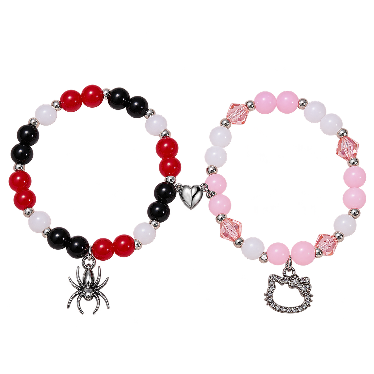 Two beaded bracelets: one pink-and-white Kitty design with faceted pink beads, and one red, black and white Spider design, with complementary heart pieces.