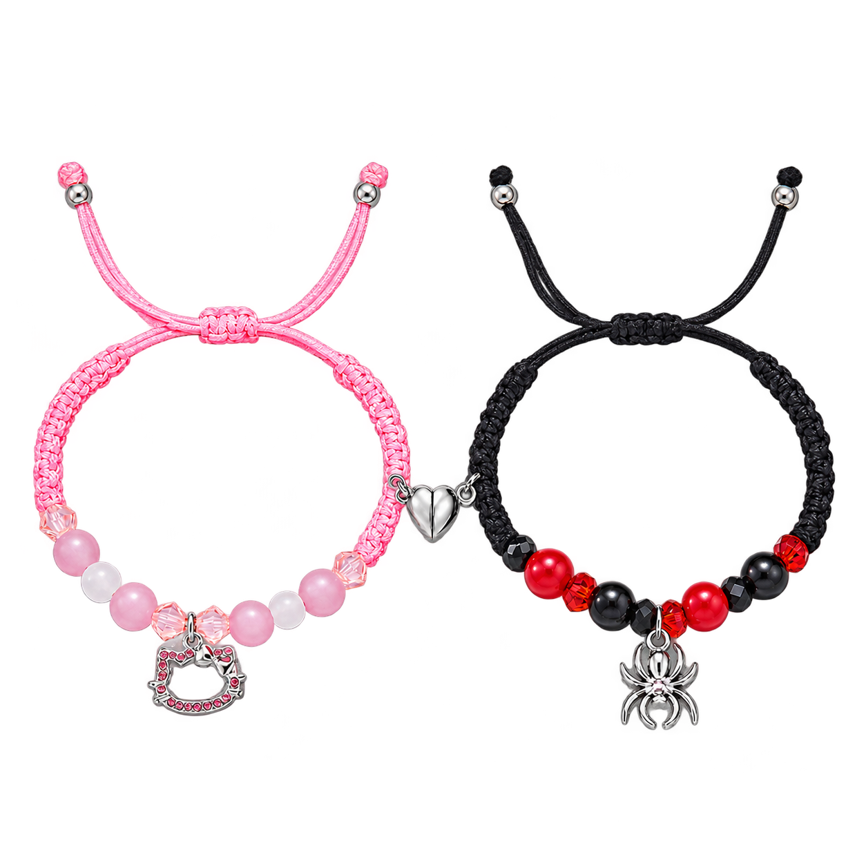 Two cord bracelets joined by complementary silver-coloured heart pieces: a pink beaded Kitty design and a black cord design with red and black beads and a dangling spider-shaped charm.