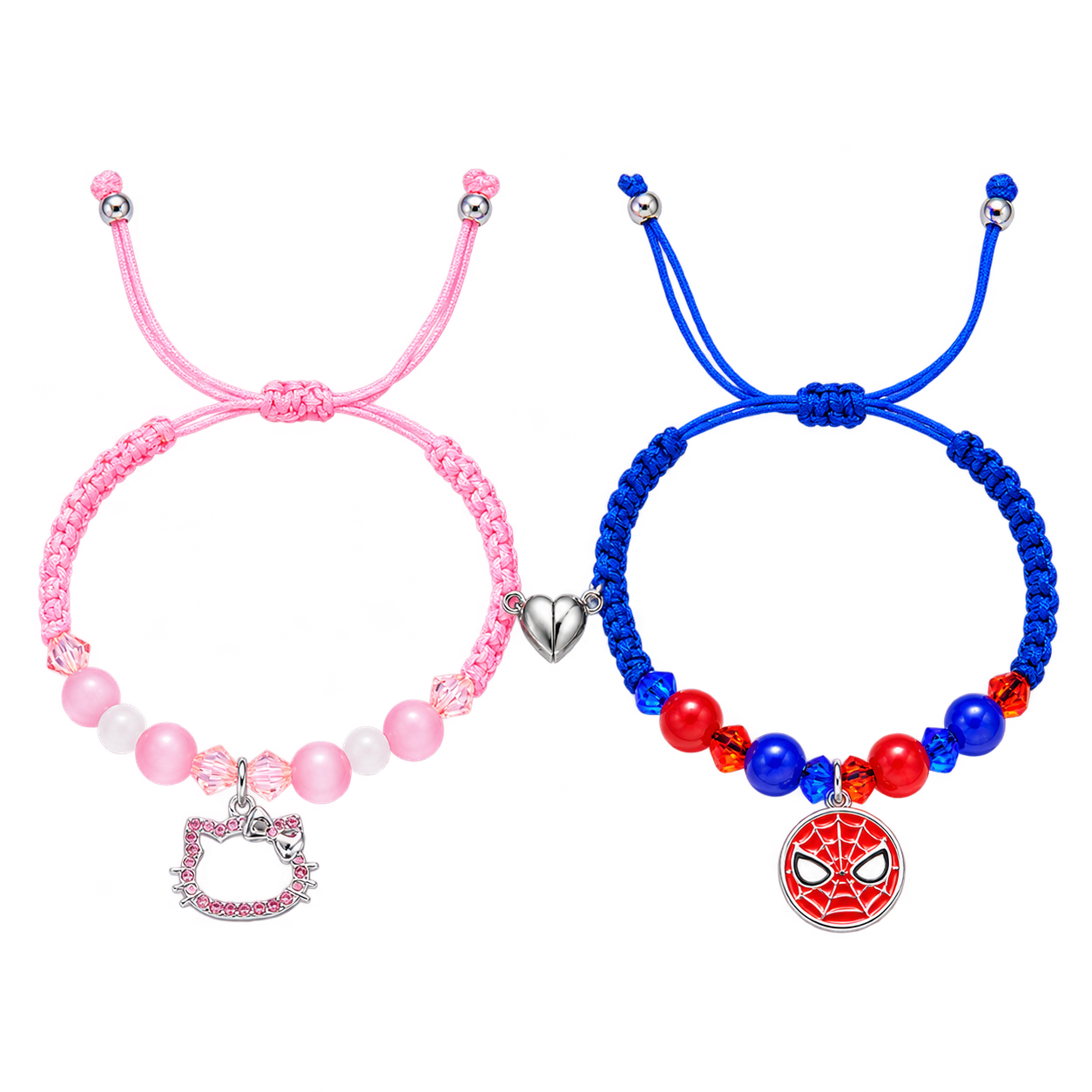 Two cord bracelets joined by complementary silver-coloured heart pieces: a pink beaded Kitty design and a royal-blue cord design with red and blue beads and a dangling red mask charm.