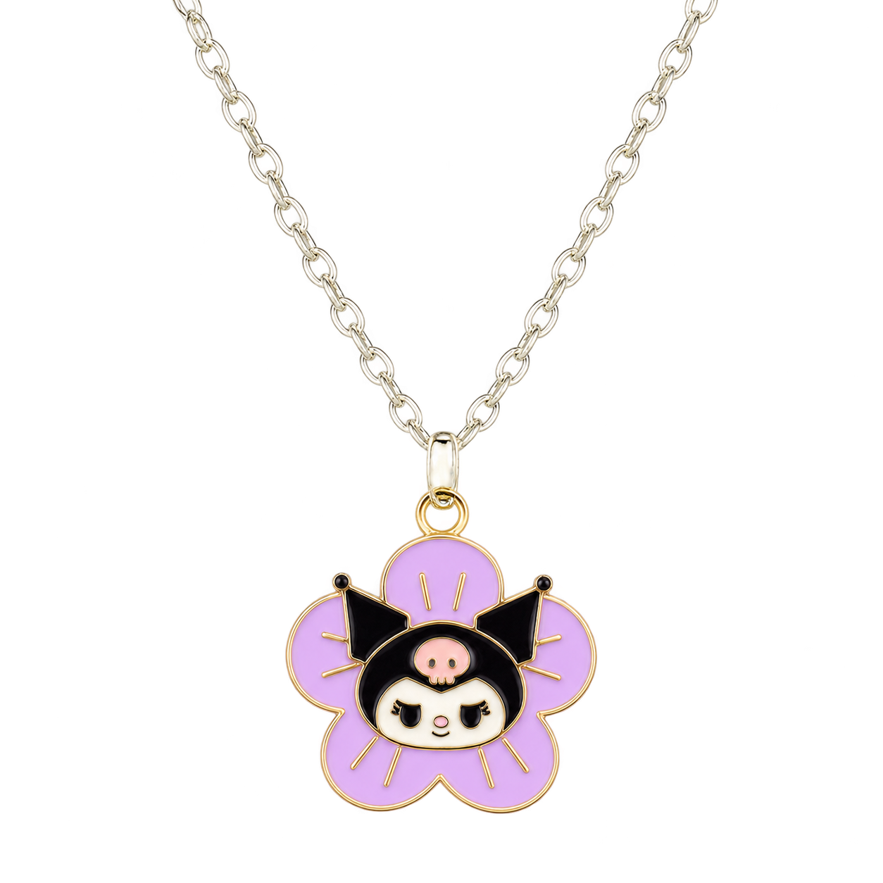 A lavender five-petal flower pendant with gold-coloured edging and lines, a black hooded jester face and a pale-pink skull detail, on a fine chain.