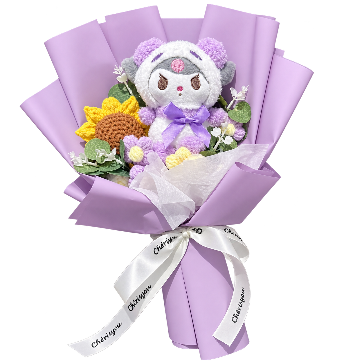 A lavender-and-white jester plush with a purple bow among a textured sunflower and purple flower decorations, in lavender wrapping with a white ribbon.