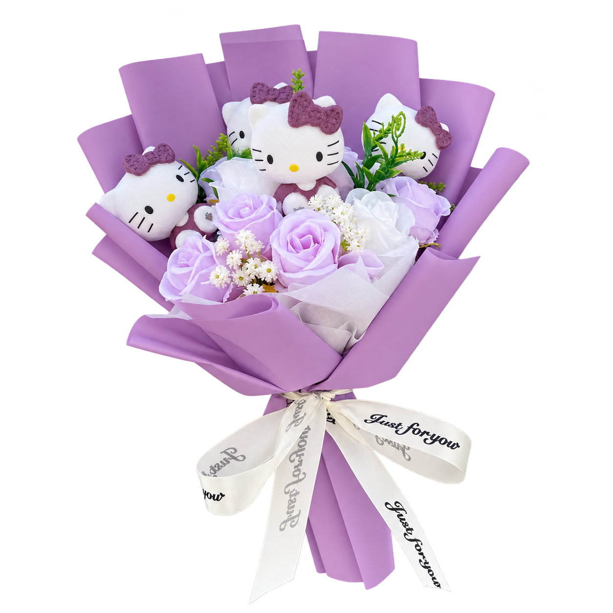 Kitty figures with purple bows among lavender and white rose decorations, in purple wrapping with a white printed ribbon.