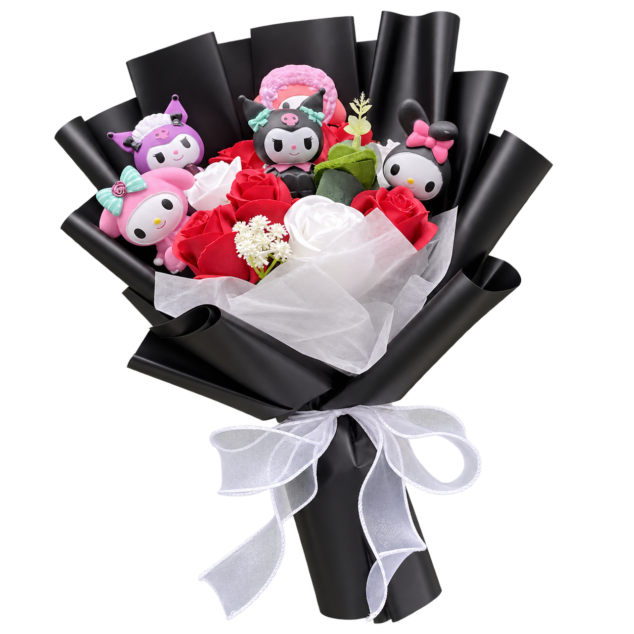 Mixed bunny and jester figures among red and white rose decorations, in black wrapping with a sheer white ribbon.