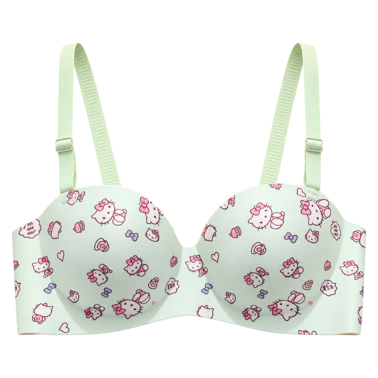 Mint Kitty-print bra with adjustable shoulder straps, shaped cups and smooth edges.