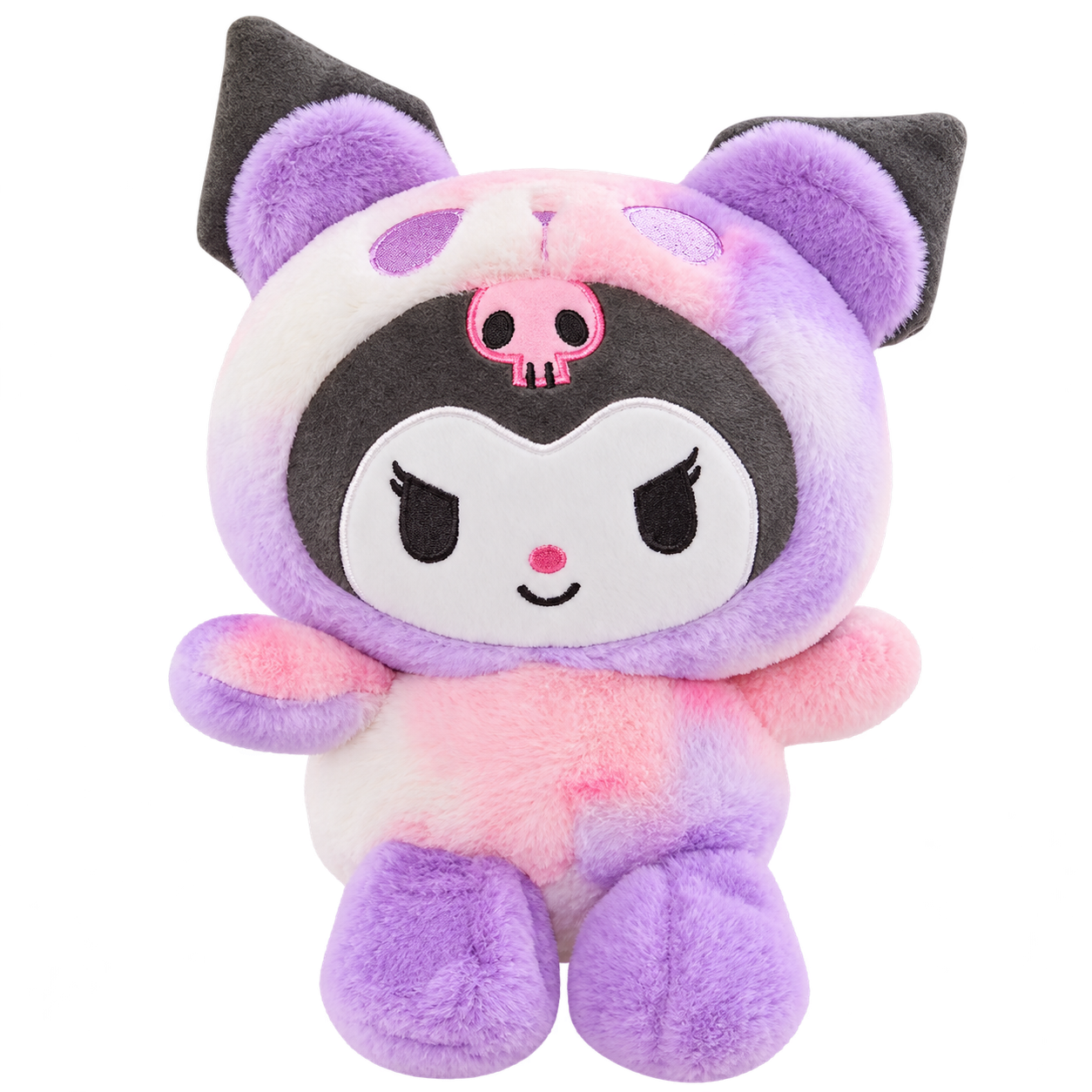 A jester plush in a pink, white and lavender bear hood and outfit, with a black face surround, pink skull detail, embroidered smile and purple feet.