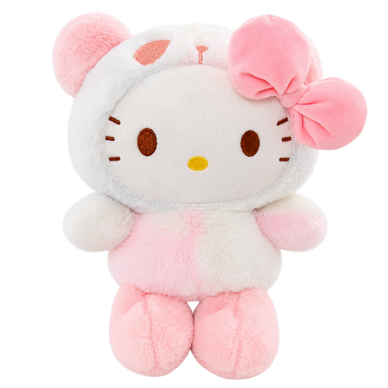 A Kitty plush in a white-and-pink bear hood, with a pale-pink bow, brown embroidered eyes and whiskers, pink feet and a pink-and-white body.