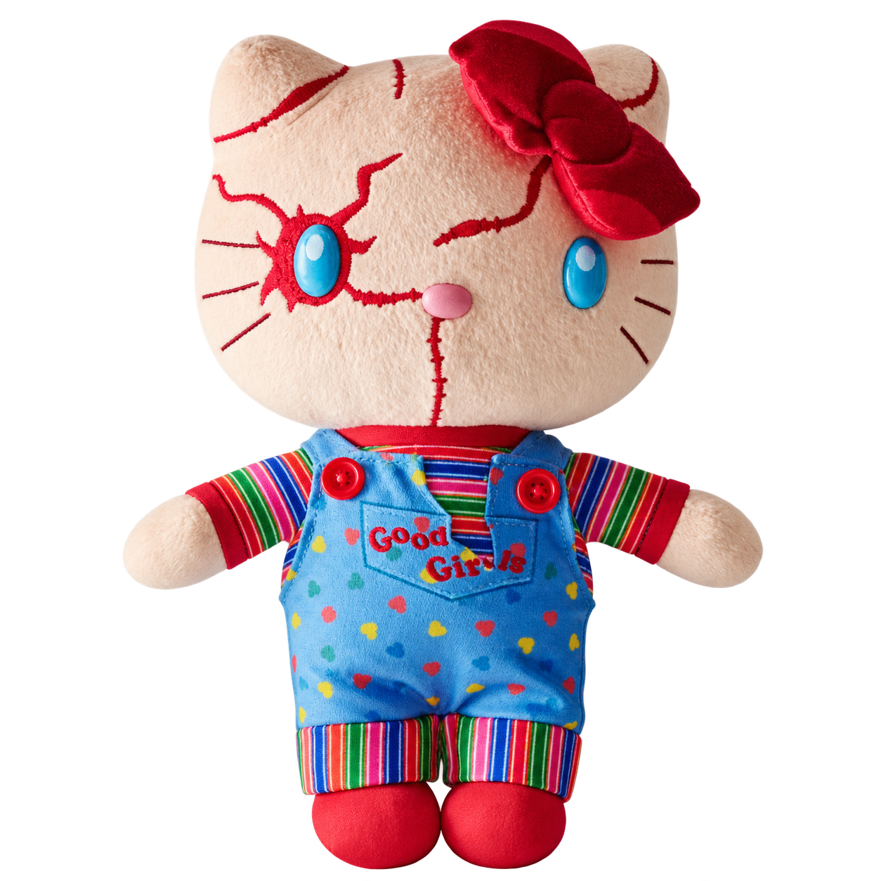 Kitty plush with blue eyes, red stitched face details and a dark-red bow, wearing a colourful striped shirt, blue patterned dungarees with red buttons, and red shoes.