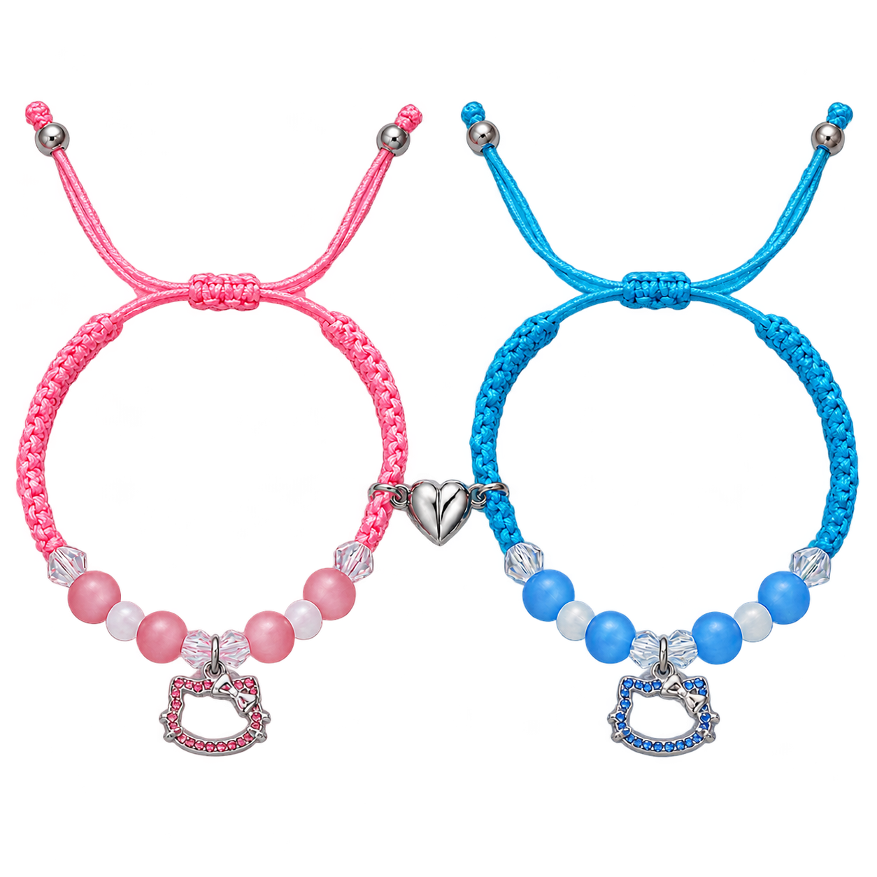 Two braided-cord bracelets in pink and blue, with round and faceted beads, matching outline Kitty charms and complementary silver-coloured heart pieces.