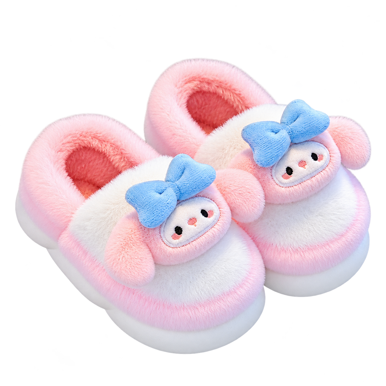 Pair of pink and white fluffy slippers with plush pink bunny faces, pale-blue bows, dark embroidered eyes and pink collars