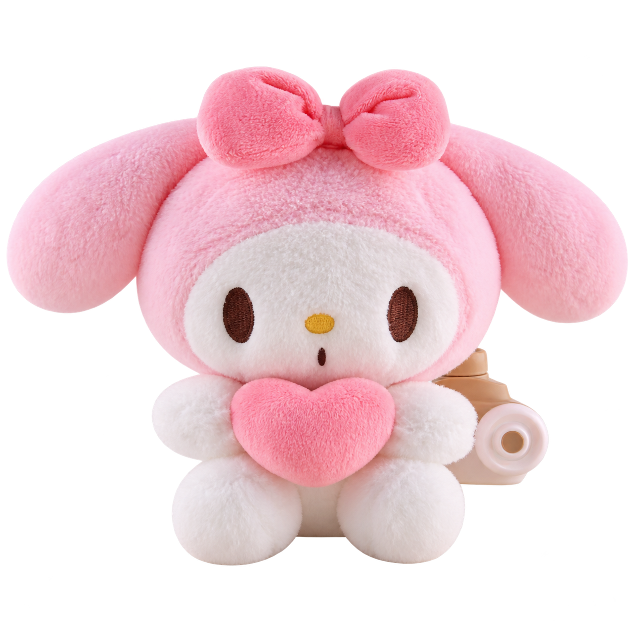 A pink long-eared bunny plush holding a pink heart, with a pink hood and bow, brown embroidered eyes and white paws and feet.