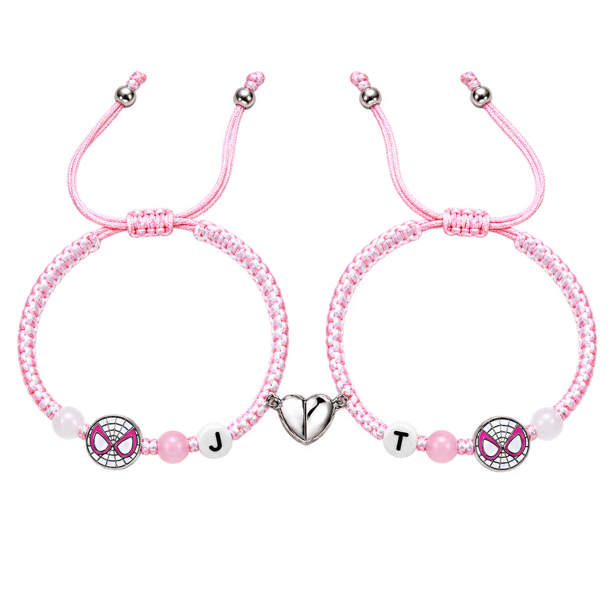 Two pink-and-white braided cord bracelets with pale web-mask pieces, pink and white beads, pictured J and T initial beads and complementary silver-coloured heart pieces.
