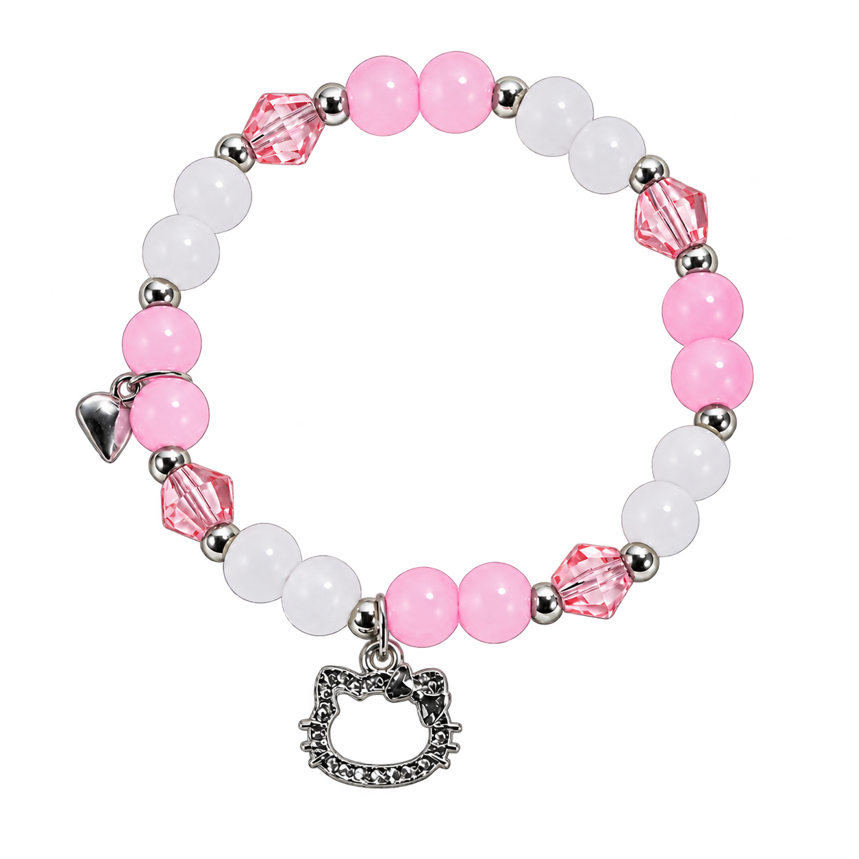 Pink and white beaded bracelet with faceted pink beads, silver-coloured spacers, an outline Kitty charm and a small heart charm