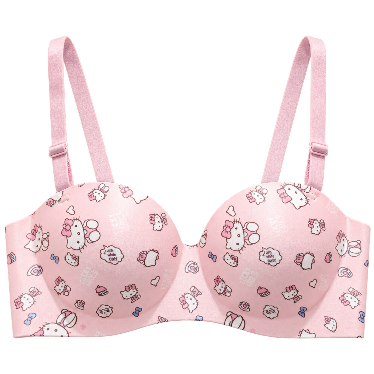 Pink Kitty-print bra with adjustable shoulder straps, shaped cups and smooth edges.