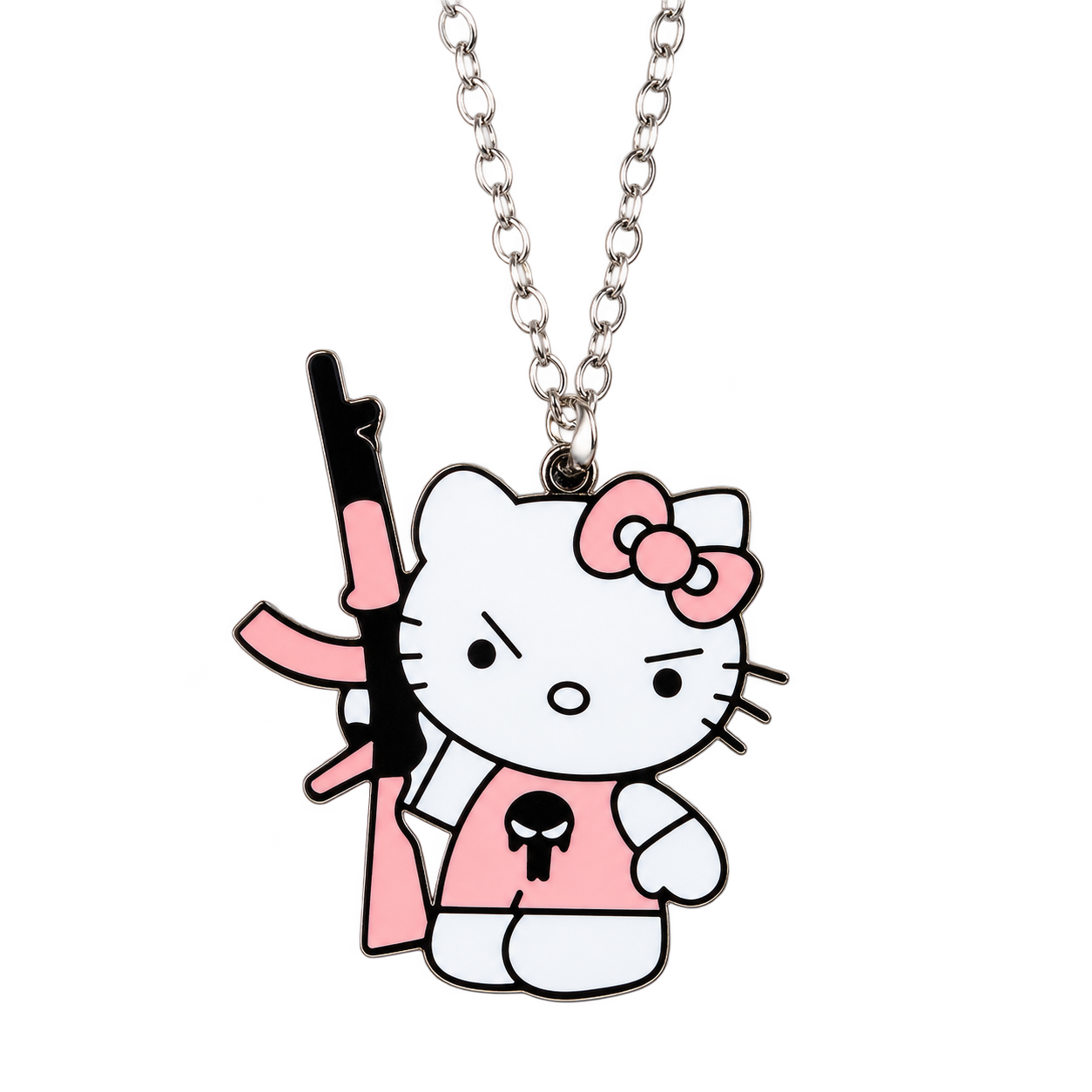 A flat full-body Kitty pendant in white, pink and black, with a pink bow, skull motif vest and a stylised rifle-shaped accessory, on a silver-coloured oval-link chain.