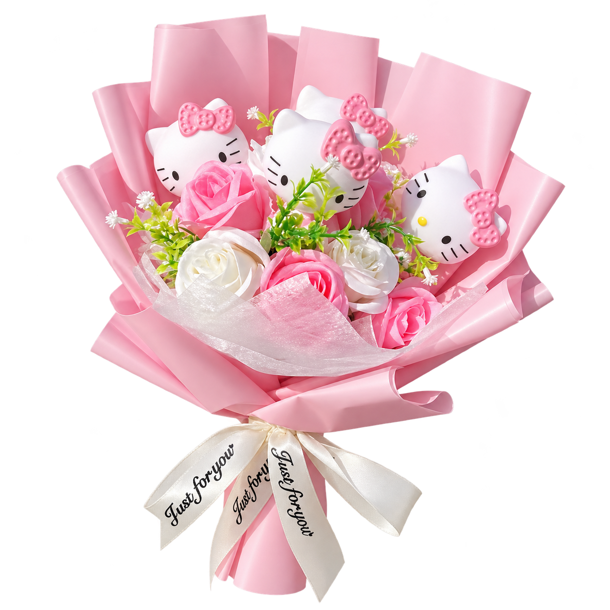 Kitty figures with pink bows among pink and white rose decorations, in layered pink wrapping with a white printed ribbon.