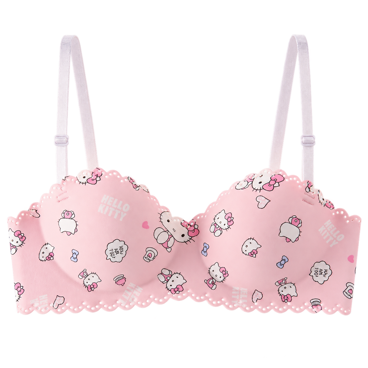 Pink Kitty-print bra with adjustable shoulder straps, shaped cups and scalloped edges with small decorative cut-outs.