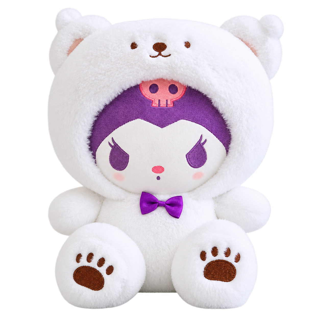 A purple-faced jester plush in a white bear suit, with embroidered brown bear details and paw pads, a pink skull motif and a purple bow tie.
